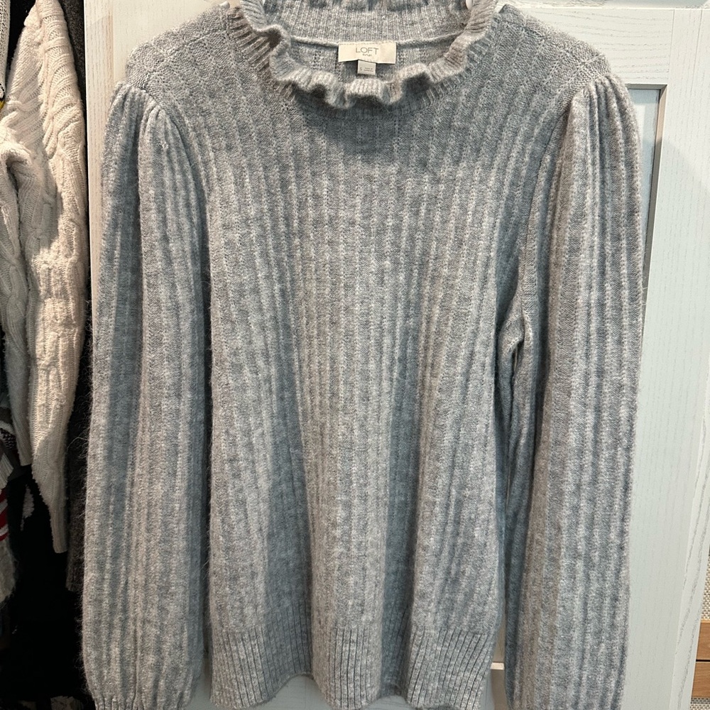 LOFT Light Gray Ribbed Ruffle-Neck Sweater